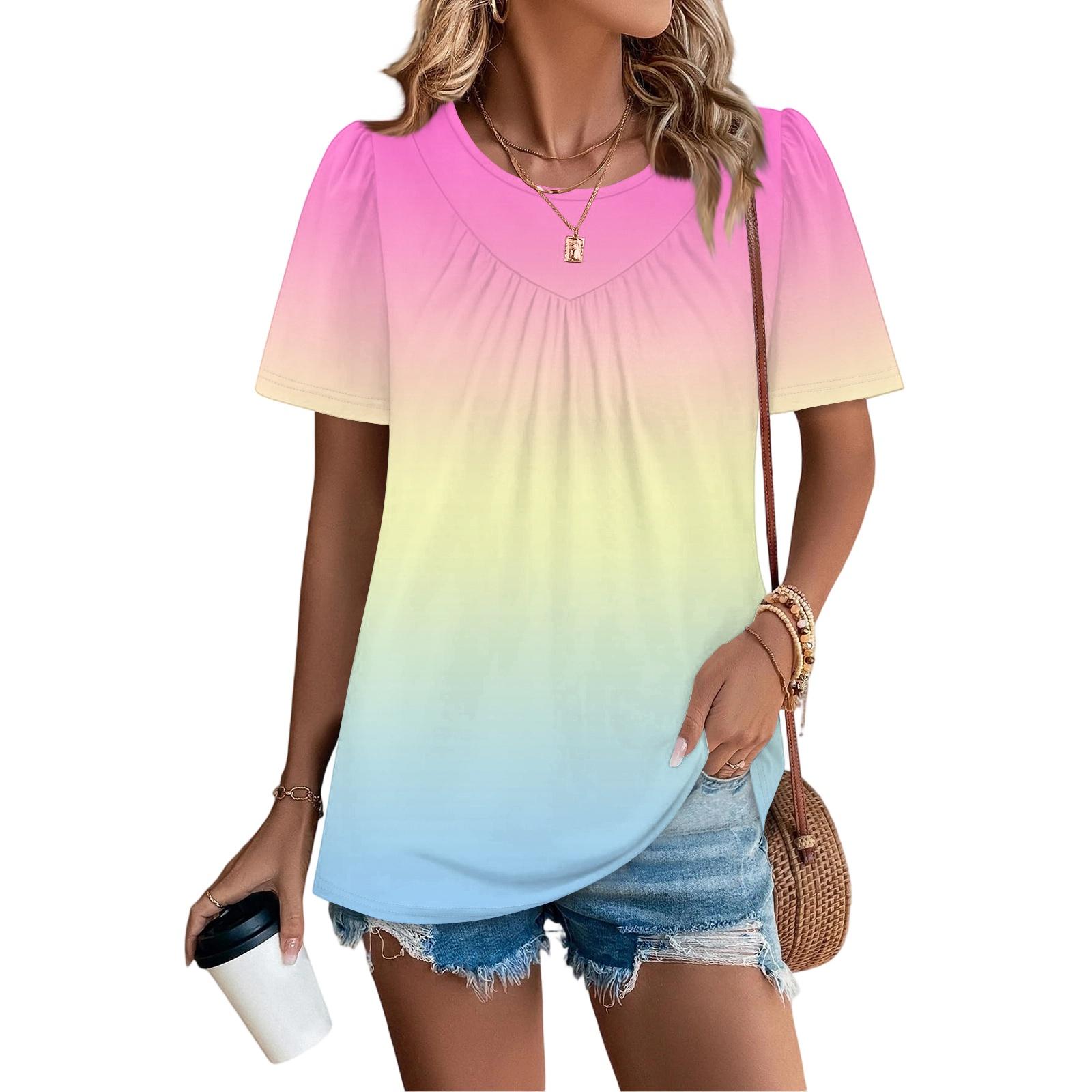 

Женская повседневная модная футболка с круглым вырезом, градиентным принтом и плиссированными короткими рукавами L розовый