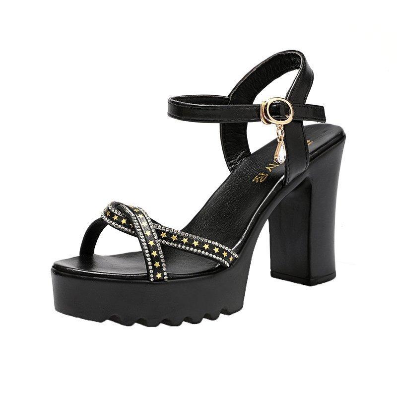 Shining Rhinestone Thick Heel High-heeled Sandals for Women's Summer New Comfortable and Simple Buckle Fashion Sandals