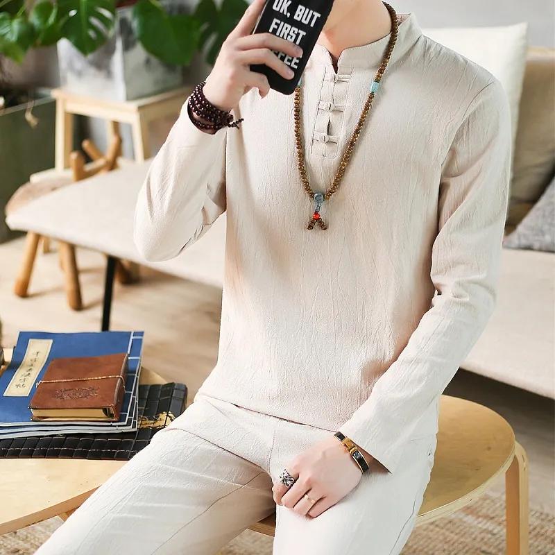Linen Suit Men's Summer Two-piece Suit Chinese Style Men's Clothes Men's Long-sleeved T-shirt Men's Summer Cotton and Linen Loose