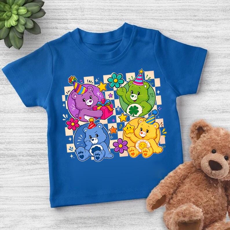 Cute Care Bears Party Shirt, Care Bears Checkered Checker Tee, Kids Birthday Party Clothes, Care Bears Theme Matching Outfit 110
