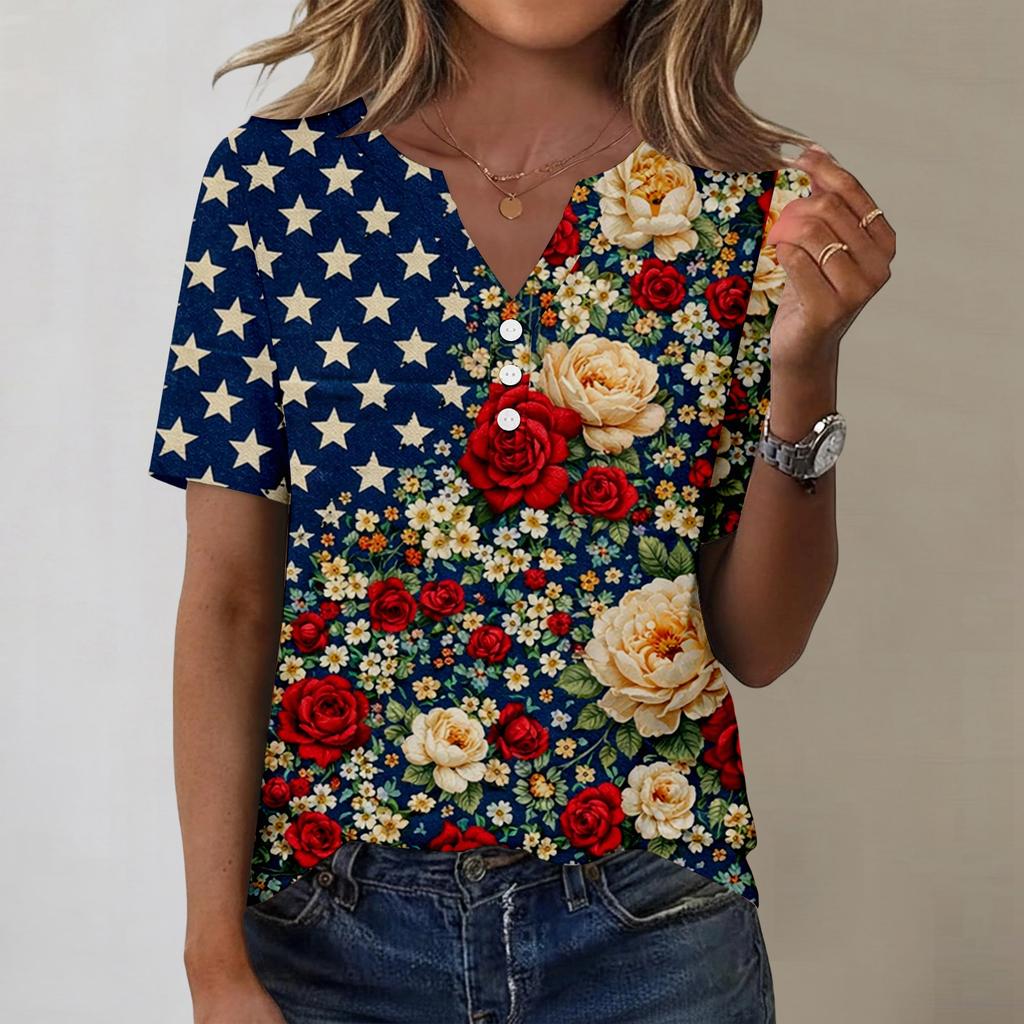 Women's fashionable casual short-sleeved Independence Day print V-neck top