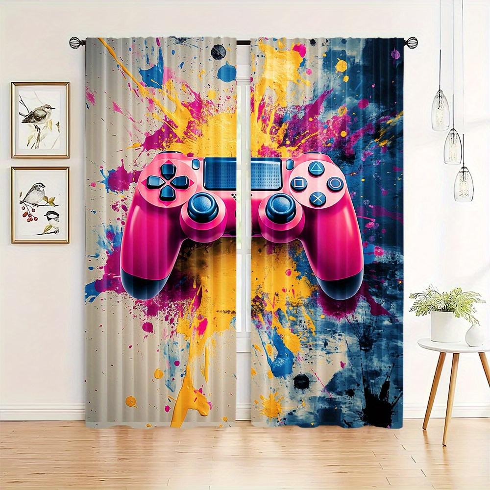 Polyester Gaming Controller Curtains 2pcs Flame Design Rod Pocket Drapes for Bedroom Living Room Durable Gamepad Theme Window
