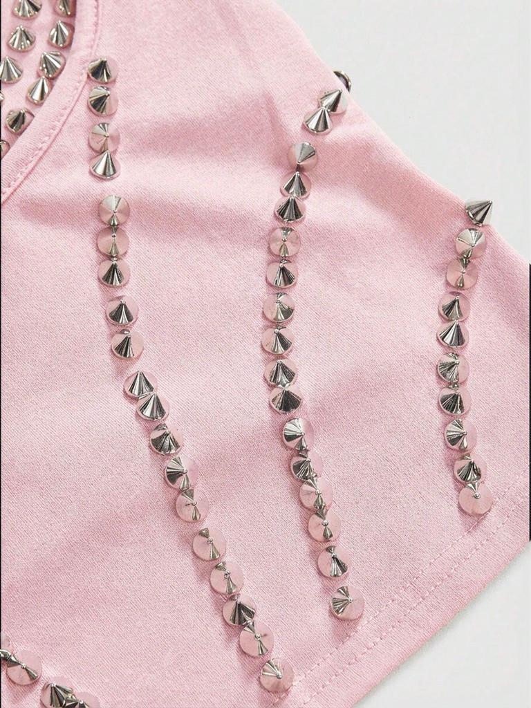 Y2K Fashion Trend Pink & Silver Rivet Camisole - Waist-Cinching Cropped Vest