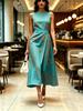 Round Neck Sleeveless Midi Dress with Gold Vine Print On Turquoise Fabric Modern Elegant Casual Fashionable Womens Clothing for Spring Summer