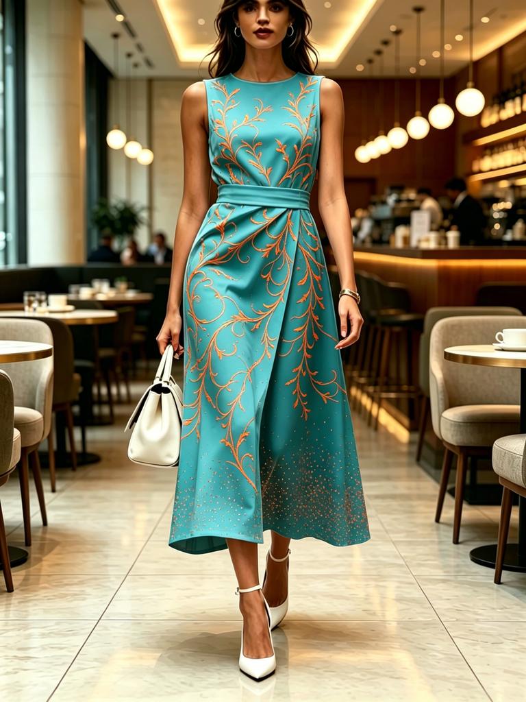 Round neck sleeveless midi dress with gold vine print on turquoise fabric modern elegant casual fashionable womens clothing for spring summer