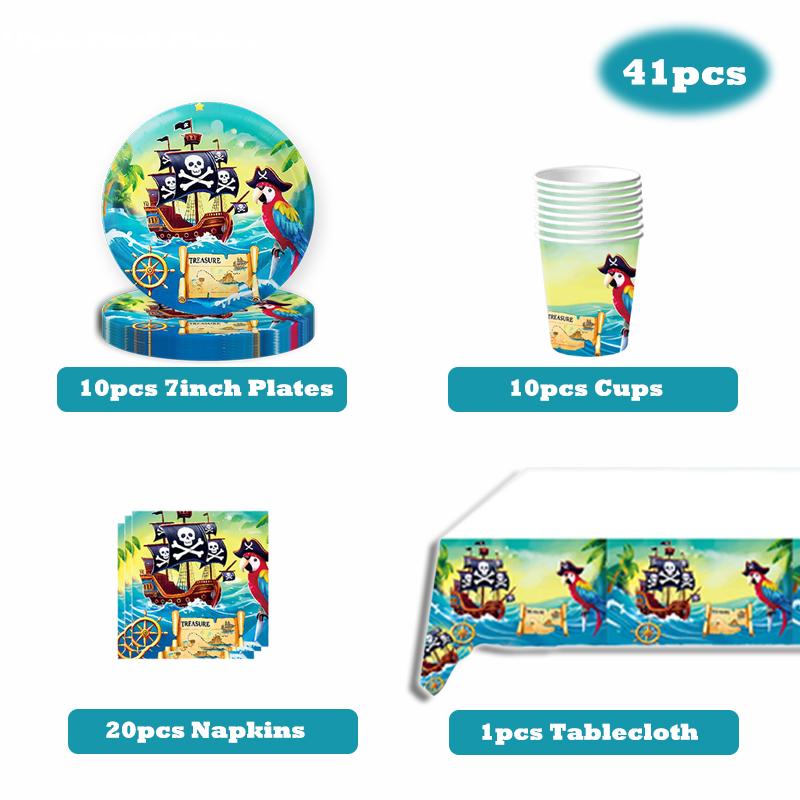 Pirate Birthday Decoration Pirate Party Favors Disposable Party Tableware Tablecloth Paper Plates Cups Balloon Cartoon Decor