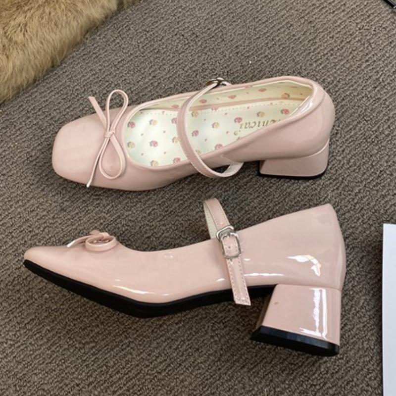 Elegant Girl Lolita Thick Heel Bow One-word Buckle Mary Jane Shoes Red Patent Leather High Heel Round Head Single Shoes Women