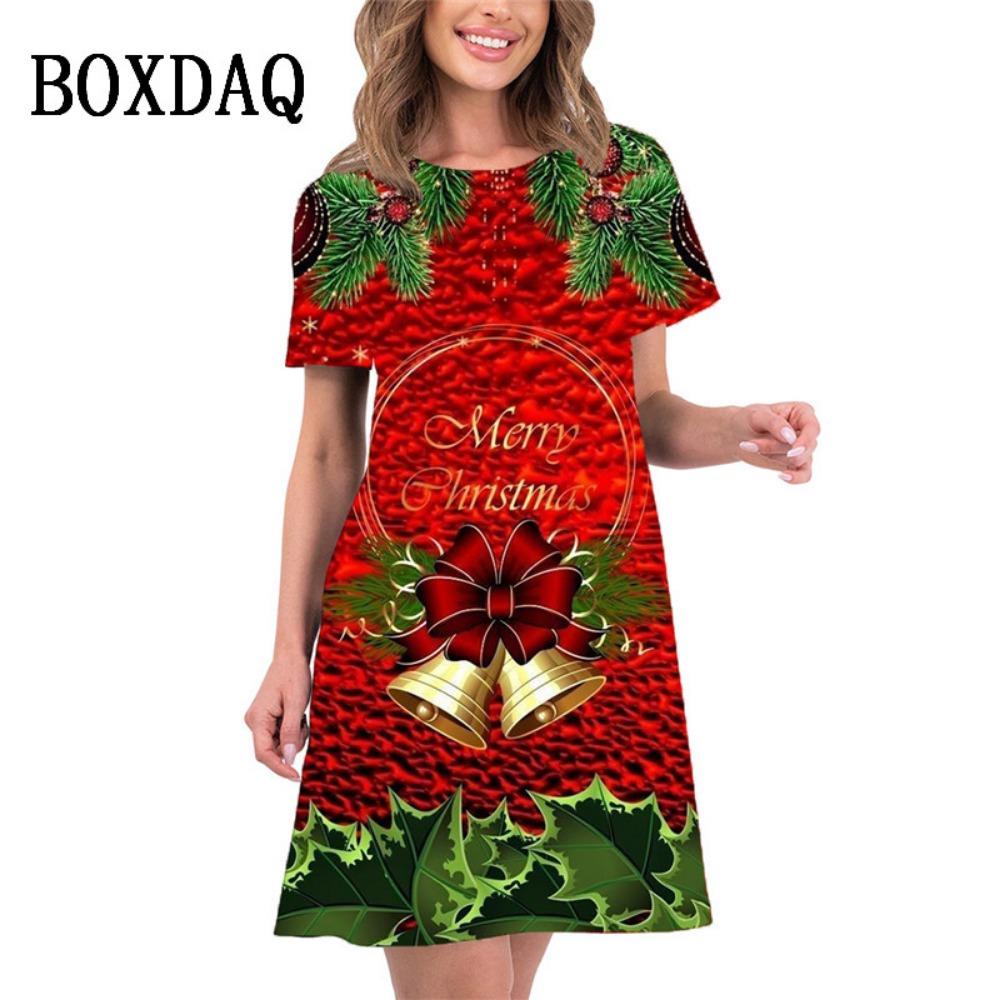 2026 new summer women's elegant christmas tree print mini dress short-sleeved loose casual beach sweet dress