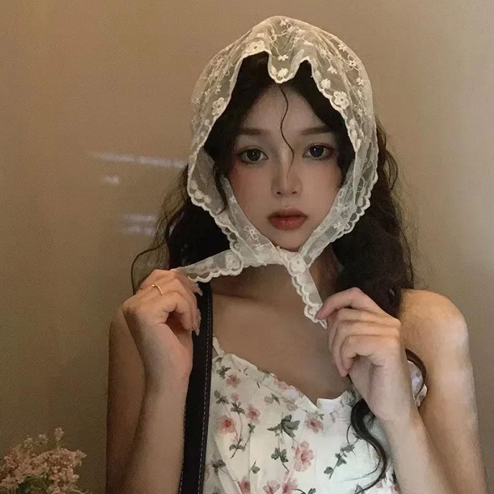 Retro Lace Bandana Headband White Woven Floral Print Hair Scarf Bohemia Triangle Headscarf Hat Sweet Kerchief Hair Accessories