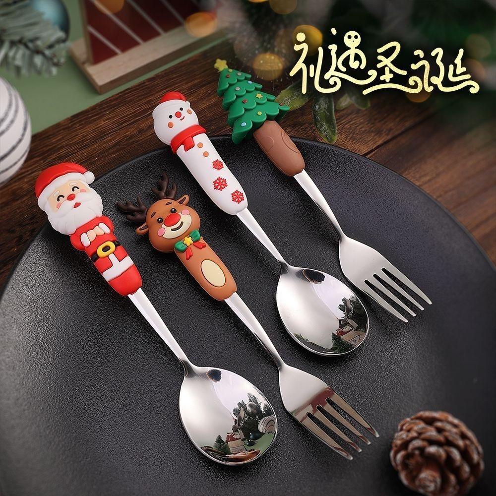 New Cartoon Christmas Round Head Spoon Fork Tableware Cartoon Coffee Spoon Christmas Gift Christmas Tree Silver Gift Box