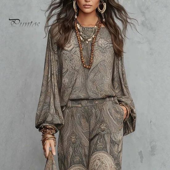 Atmungsaktive Stoffkleidung Boho-Print 2-teilige Sets für Damen, Lässiges Langarm-Oberteil Figurschmeichelndes Outfit für Birnenform, Weite Hosen Passende Sets, Sommer