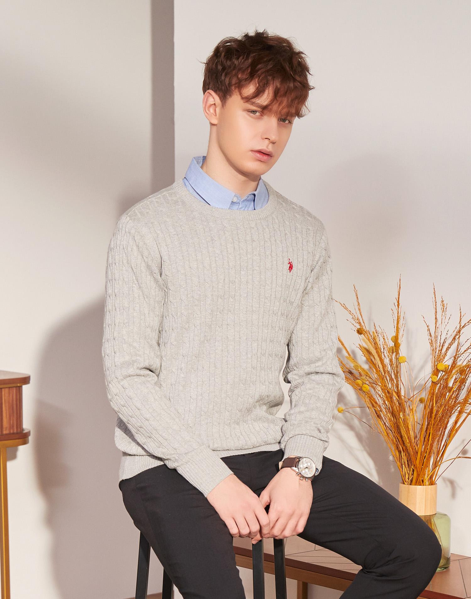 Us Polo Assn Cotton Long Sleeve Cable Round Knit_Melange Gray Melange Gray/100
