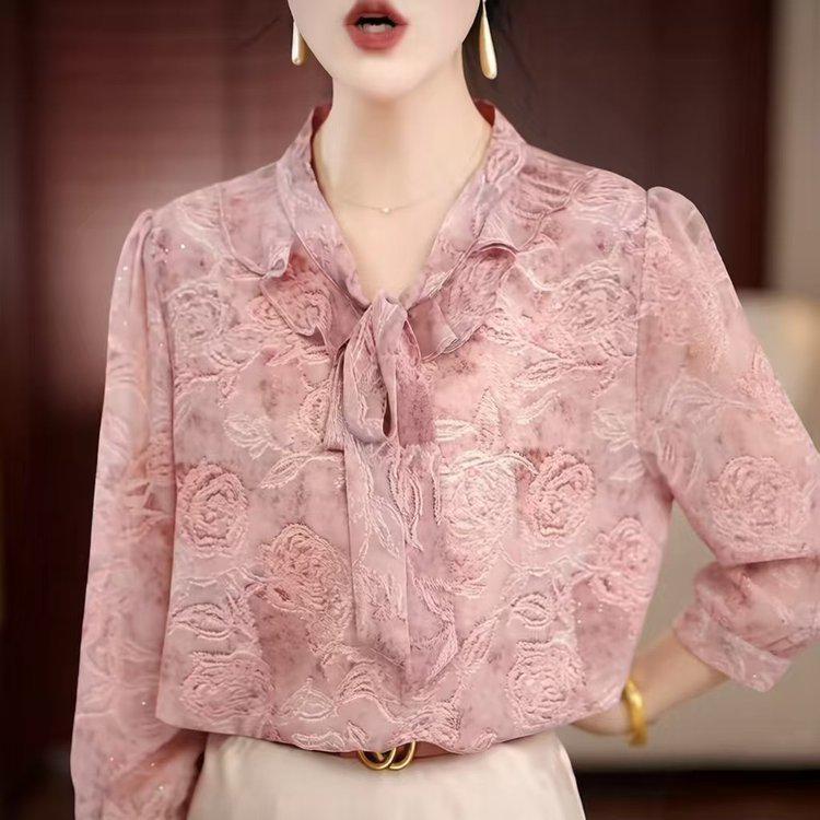Elegant V-Neck Bow Blouse - Pink Lace Chiffon, Plus Size, for Middle-Aged & Elderly