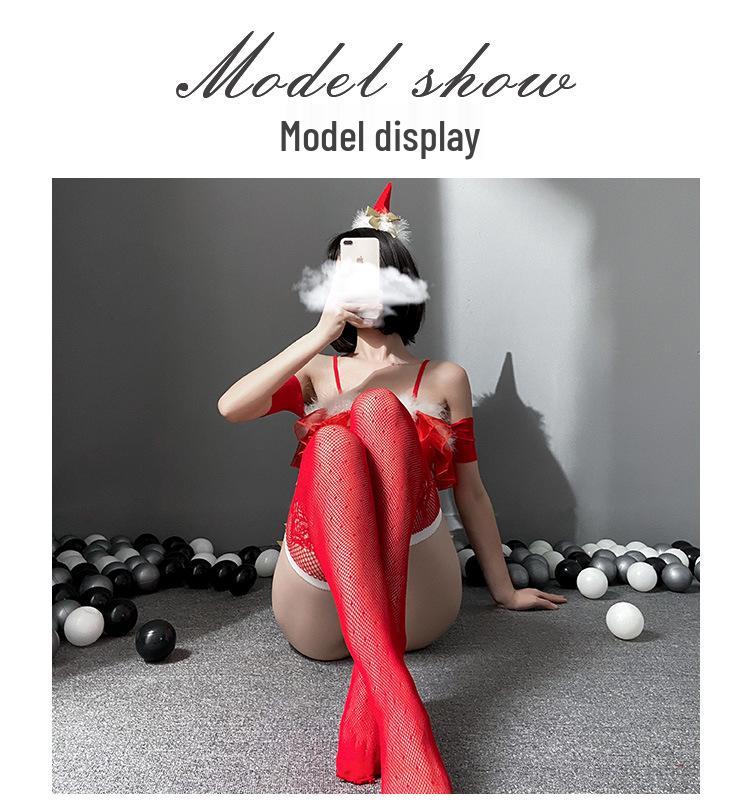 Sultry Red Lingerie Costume Set with Stockings, Net Dress, and Christmas Hat Bralette