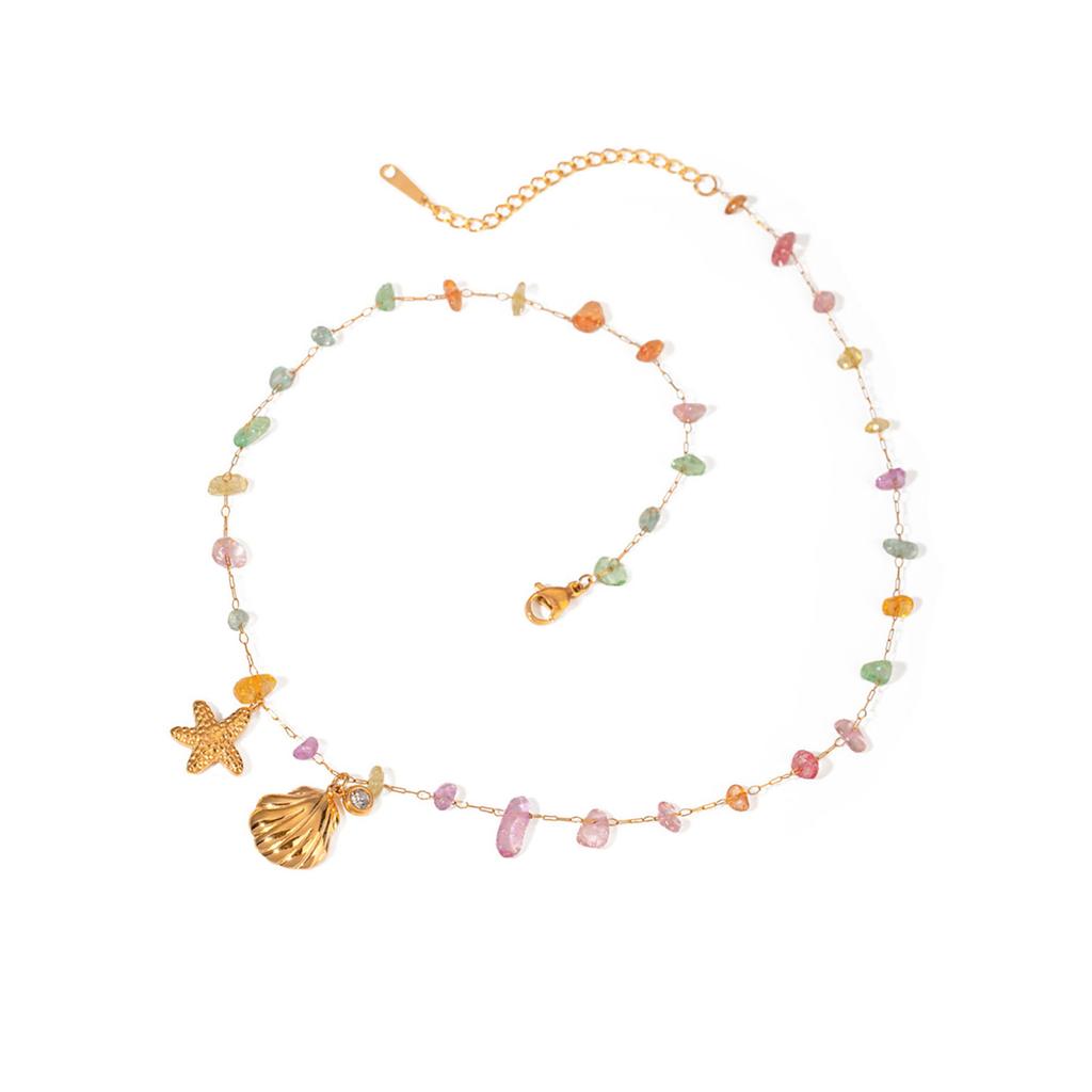 Elegant Gold Plated Stainless Steel Necklace Anklet Bracelet Set with Colored Crushed Stone and Starfish Rhinestone