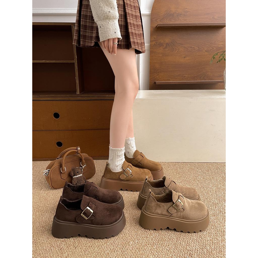 Retro brown French velvet thick-soled all-inclusive Birkenstocks, women's autumn and winter warm outer wear non-slip cotton shoes