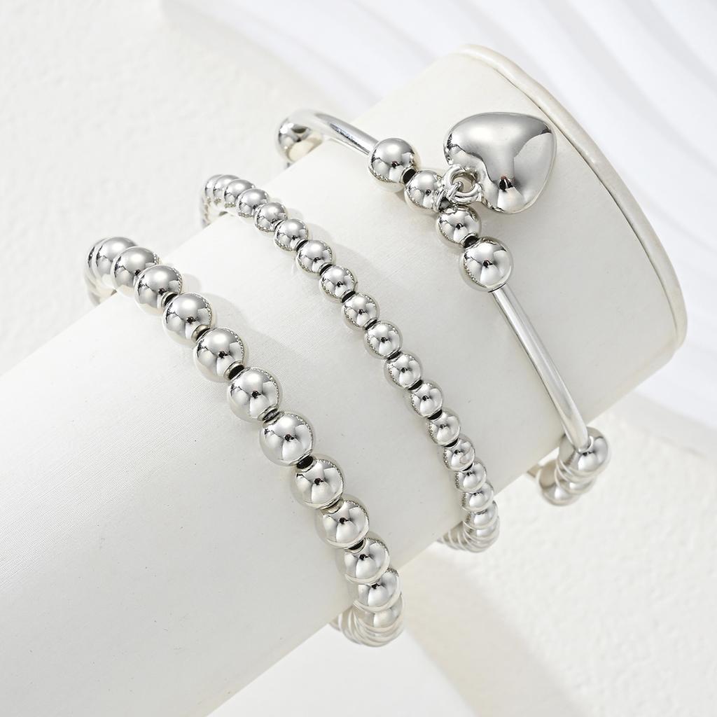 3 Pcs/Set Fashion Heart Pendant Bracelets Set for Women Vintage Simple Silver Color Ball Beaded Bracelets Bangles Jewelry Gifts