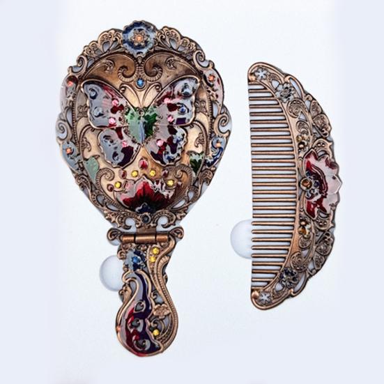 Vintage Folding Hand Mirror with Carved Comb Portable Travel Long Handle Metal Makeup Mirror Women Decorative Handheld Desk Vanity Mirror