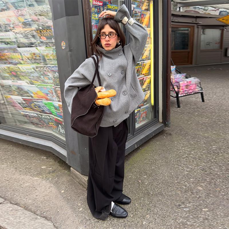 Elegant Women's Coat High Stand Collar Full Sleeve Double Breasted Solid Female Coats 2025 Autumn Fashion High Street Lady Top