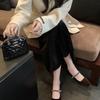 Sheepskin version~ French square head light mouth high heels one-word diamond strap low heel Mary Jane shoes single shoes women