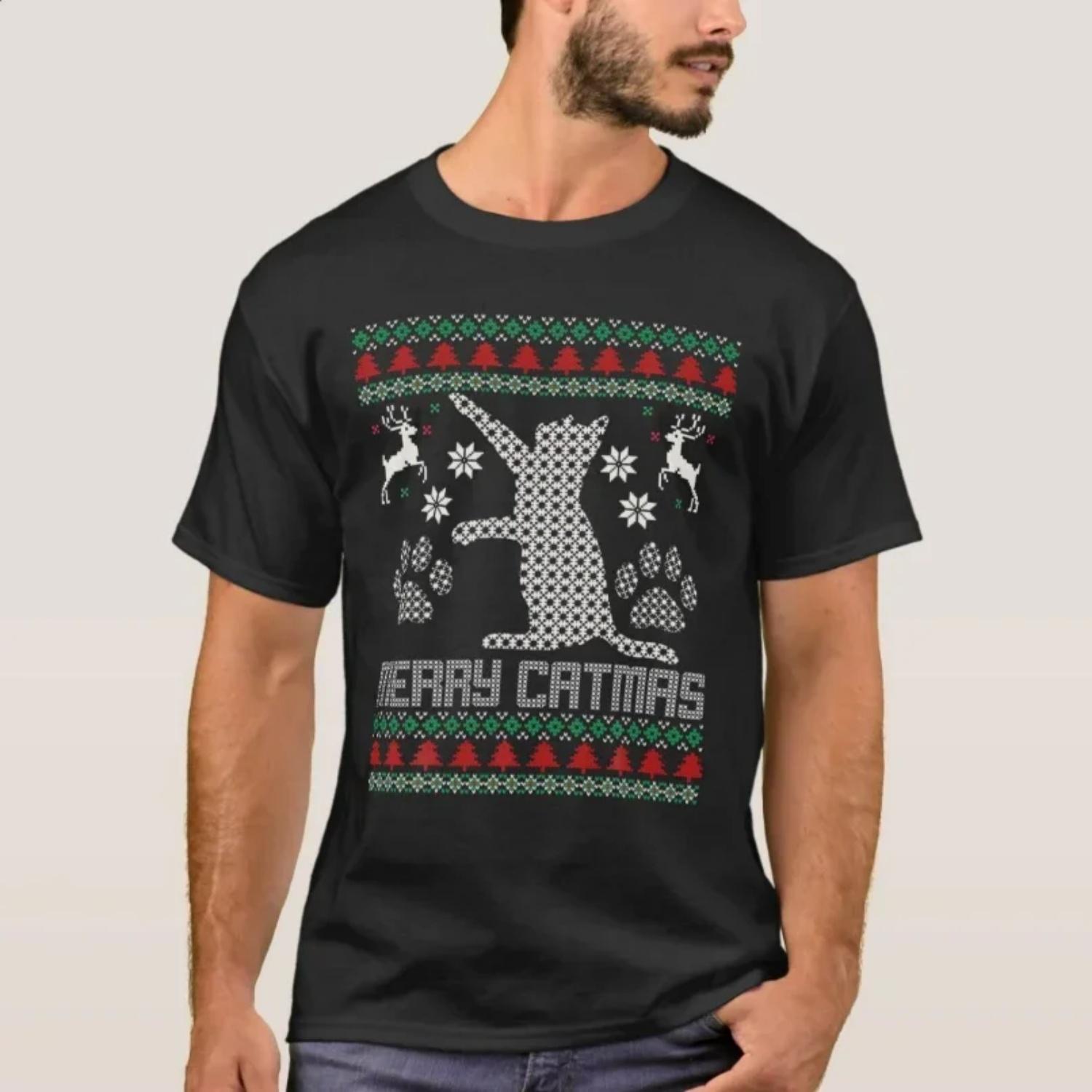 Merry Catmas Funny Cat Ugly Christmas Sweater T-Shirt 100% Cotton O-Neck Short Sleeve Casual Mens T-shirt Size S-3XL S чёрный