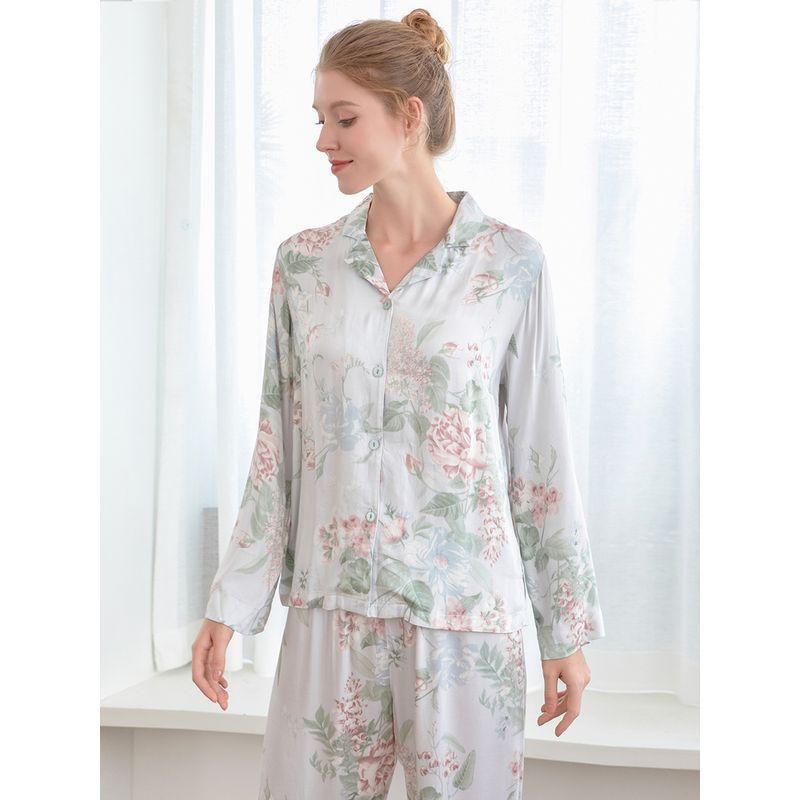 Retro Floral Pajamas Set Women's Summer Silky Rayon Cotton Silk Tribute Satin Long Sleeve Trousers Home Wear Set Women