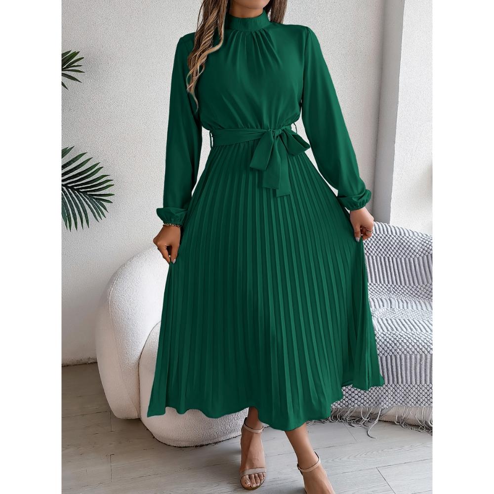 Herbst und Winter Elegantes Stehkragen Langarm Taille Falten Langer Rock Kleid