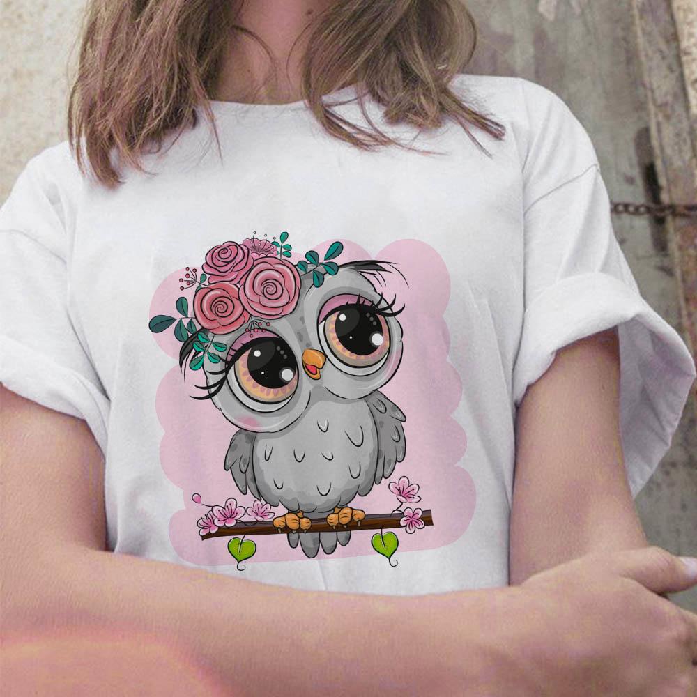 

Summer 2025 New Tops Trend Cute Owl Print Ladies T-Shirt Casual Basics Round Neck White Short Sleeve Ladies Tshirt XXXL білий