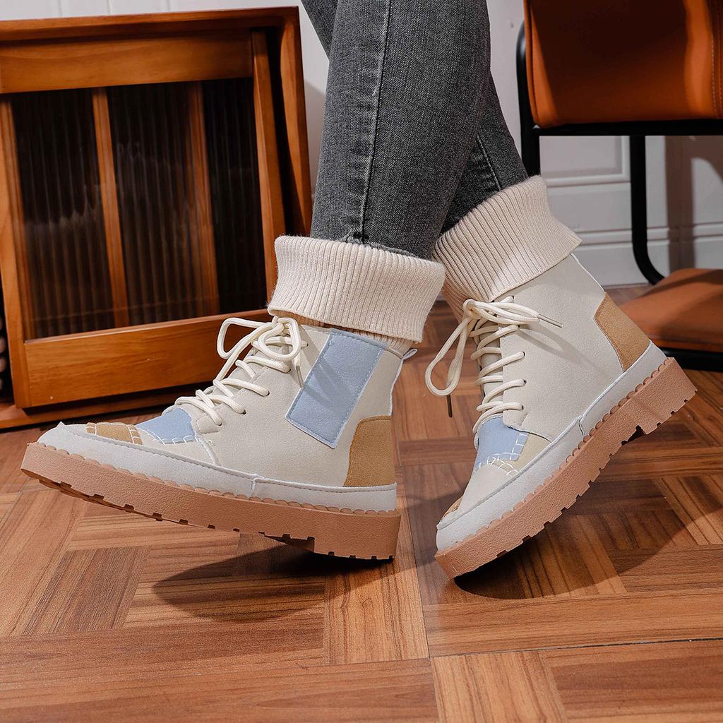 Plus Size Patchwork Martin Boots,Round Toe Mid-Calf Knit Collar Ankle Boots Women