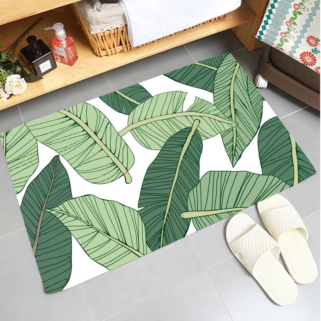 

Soft Non-slip Absorbent Flannel Door Mat with Green Plant Design Washable Bathroom Kitchen Rug Home Decoration Carpet 40x60cm