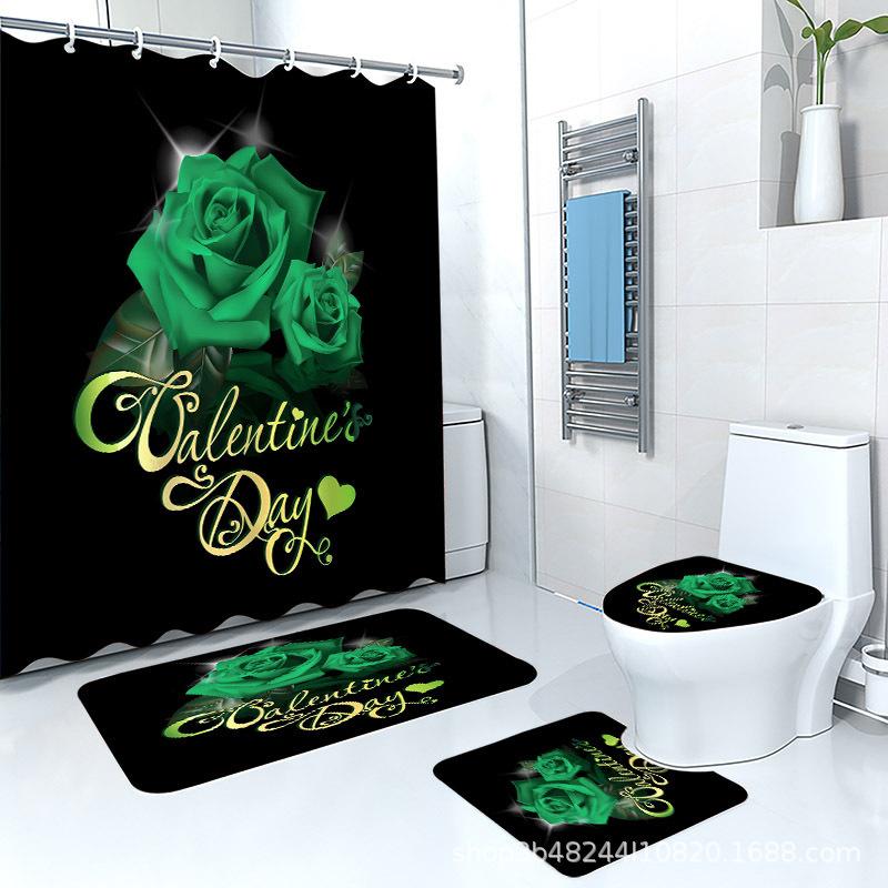 Direct Supply Digital Printing Rose Letter Bathroom Curtains Non-Slip Floor Mat Bathroom Four-Piece Combination Polyester