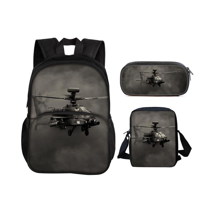 Helicopter Round Front Bag Backpack Pencil Case Shoulder Bag 3Pcs Set Mechanical Printing Best Gift for Boys and Girls In School