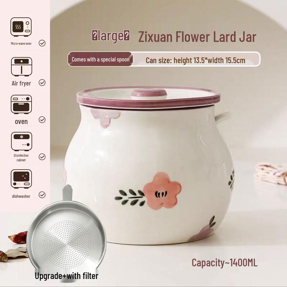 High-Temperature Resistant Ceramic Lard Jar with Lid - Zixuan Flower Design, Large Capacity for Chili Oil & Seasoning