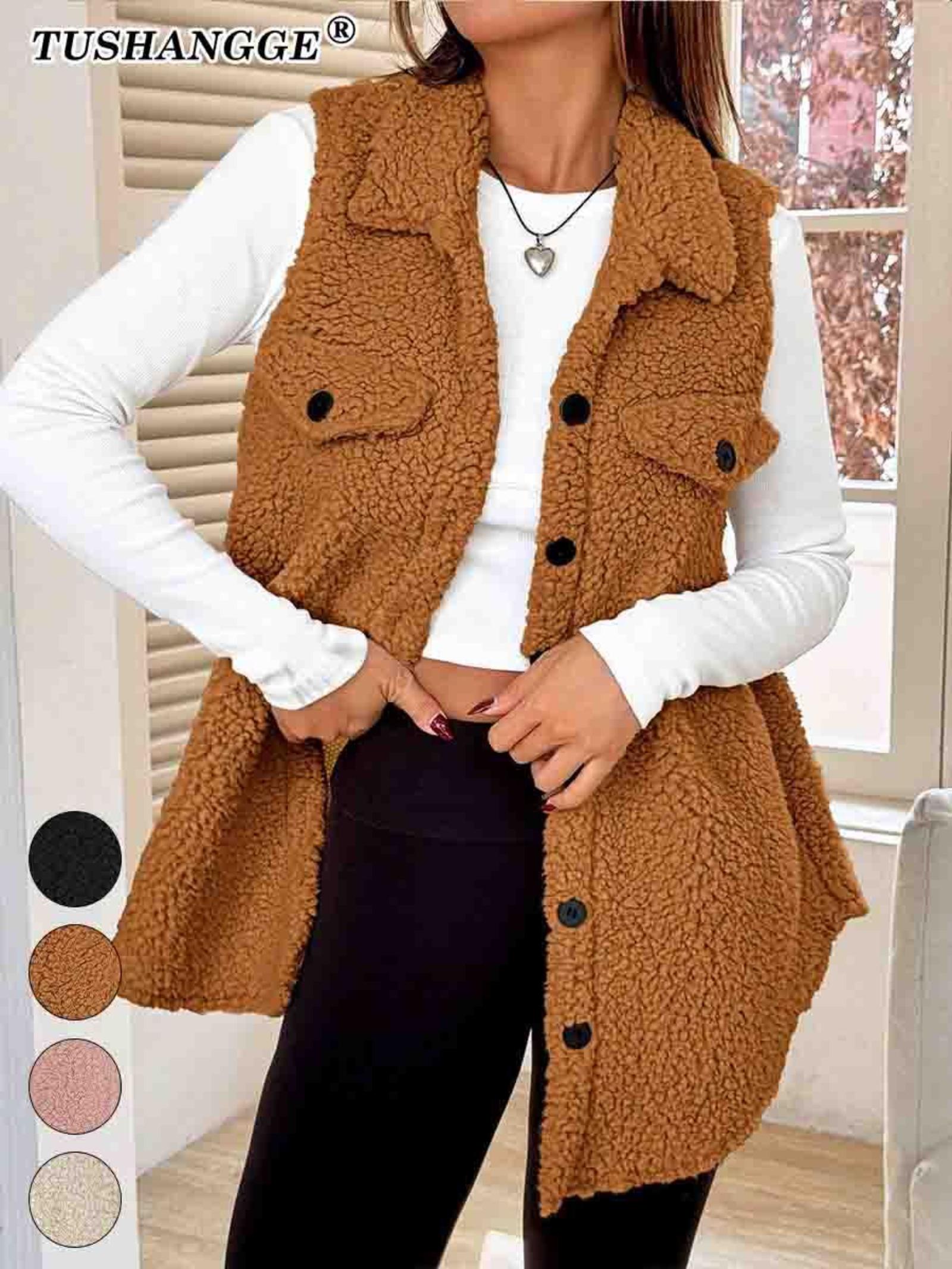 

Плюшевый жилет на пуговицах с лацканами, свободного кроя, элегантный и подходящий для поездок на работу, женская куртка из искусственной овчины XL