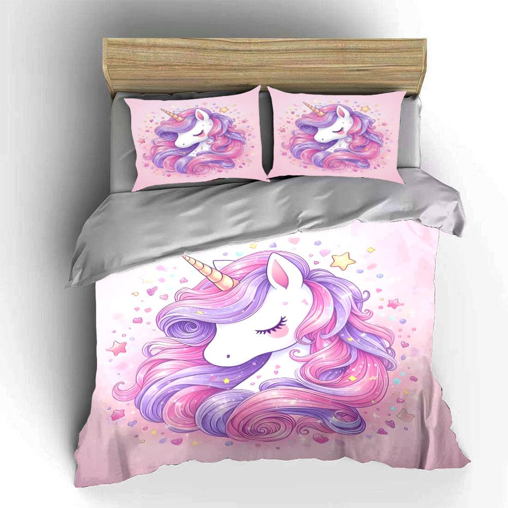Dreamy Unicorn In Pink And Purple Print Bedding Set 1 Duvet Cover 2 Pillowcases For Adult And Children Luxury Gift Full Size