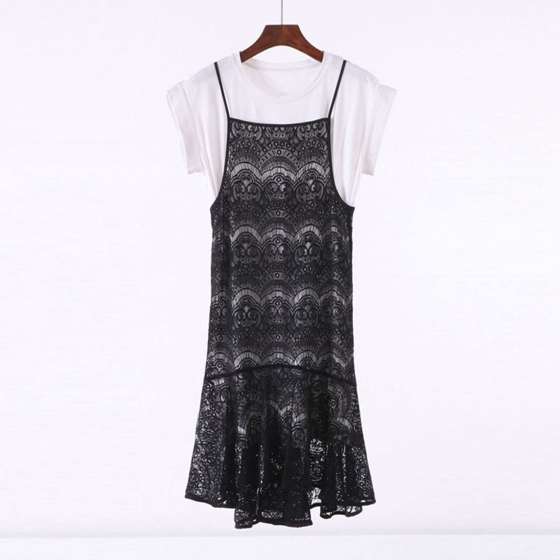 

[Dai] European, American and French Style Classy Pinshangtuan Women s New Arrival Summer Short Sleeve Long T-shirt + Sling Dress 6a094 Black S/160/84A