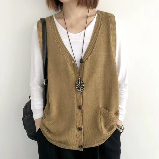Vintage Arts Style Knitted Vest Female Solid Color Sleeveless Button V-Neck Waistcoat Women Casual Loose Knitwear Coats