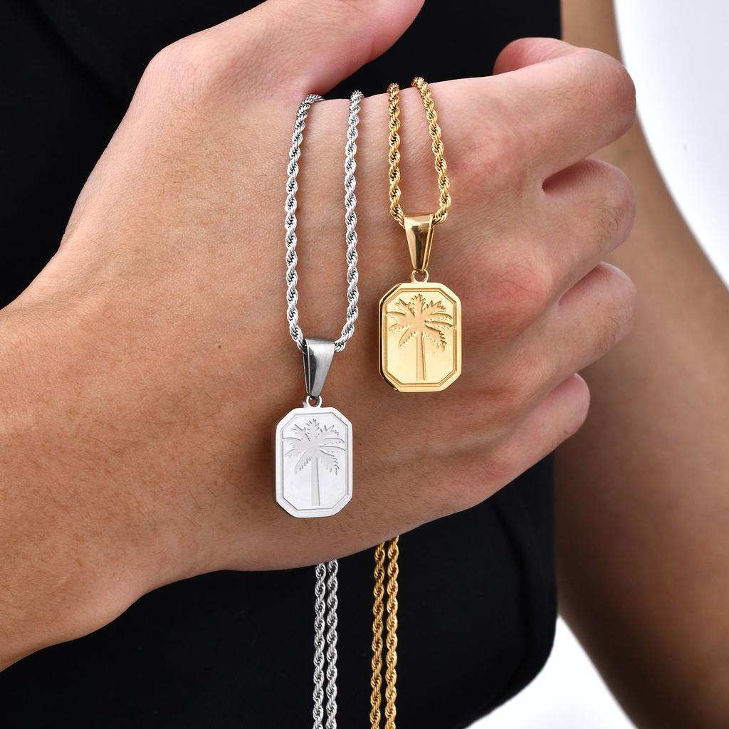Hawaiian Tree Necklaces for Men,Stainless Steel Palm Trees Square Pendant Necklaces.Chic Stylish Jewelry Gift