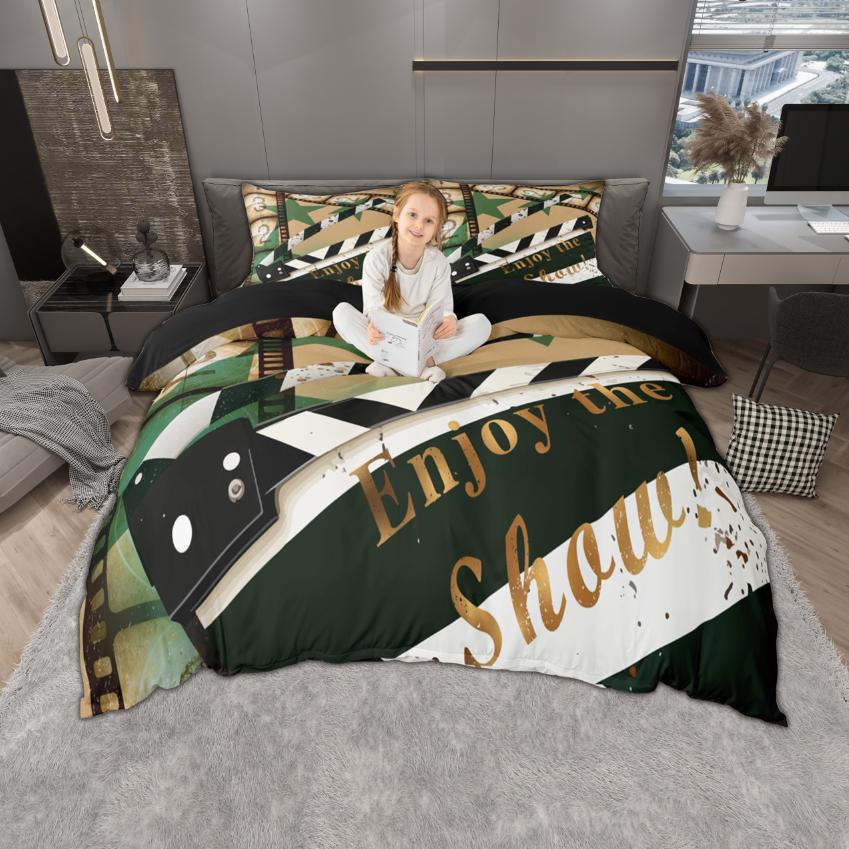 Homewish Vintage Movie Theatre Duvet Cover Set 2Pcs/3Pcs Retro Cinema Popcorn Bedding Film Theme Quilt Cover Set