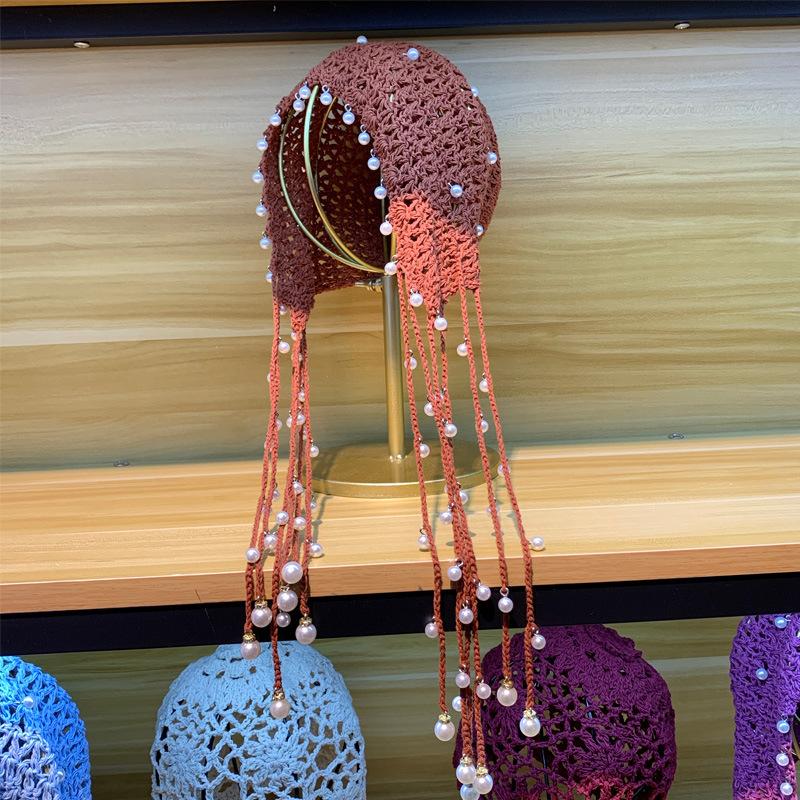 Exotic Hollow Pearl Tassel Bag Head Hat Women's Spring and Summer Handmade Crochet Princess Hat Original Retro Literature and Art