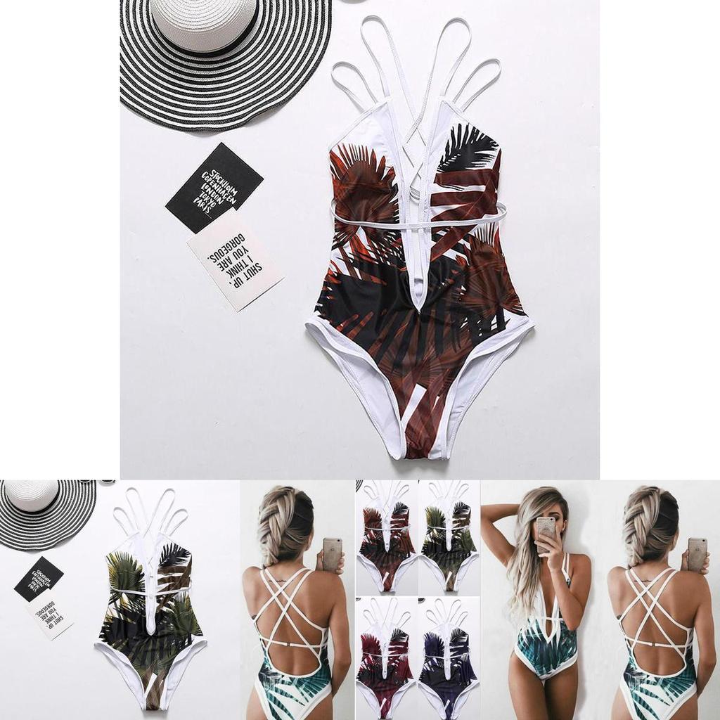 Damen Eleganter Floralprint Tiefes V-Ausschnitt Rückenfrei Bandage Badeanzug Einteiler