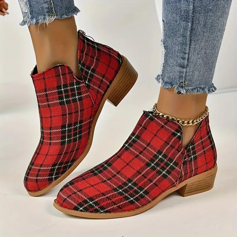 Fashion Ankle Boots Women's Christmas Plaid Print Zipper Retro Red Plaid Chelsea Boots Outdoor Platform Shoes Classic Side Booties