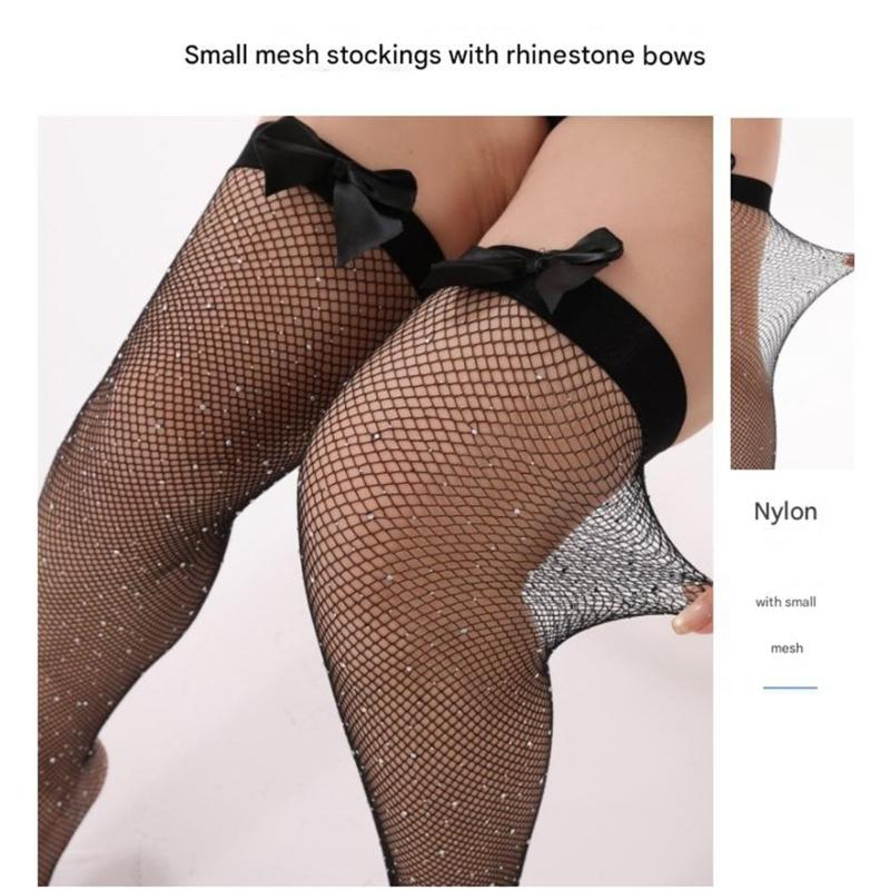 Fishnet Stockings Over Knee Highs Socks for Cosplay Daily Wear Satins Bows Thigh High Stockings for Womens