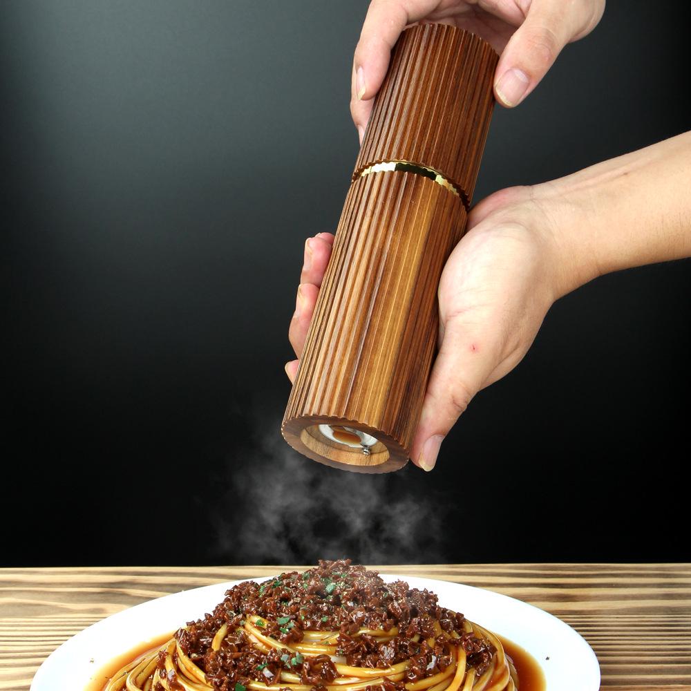 Multifunctional Acacia Wood Pepper Grinder with Ceramic Core and Golden Steel