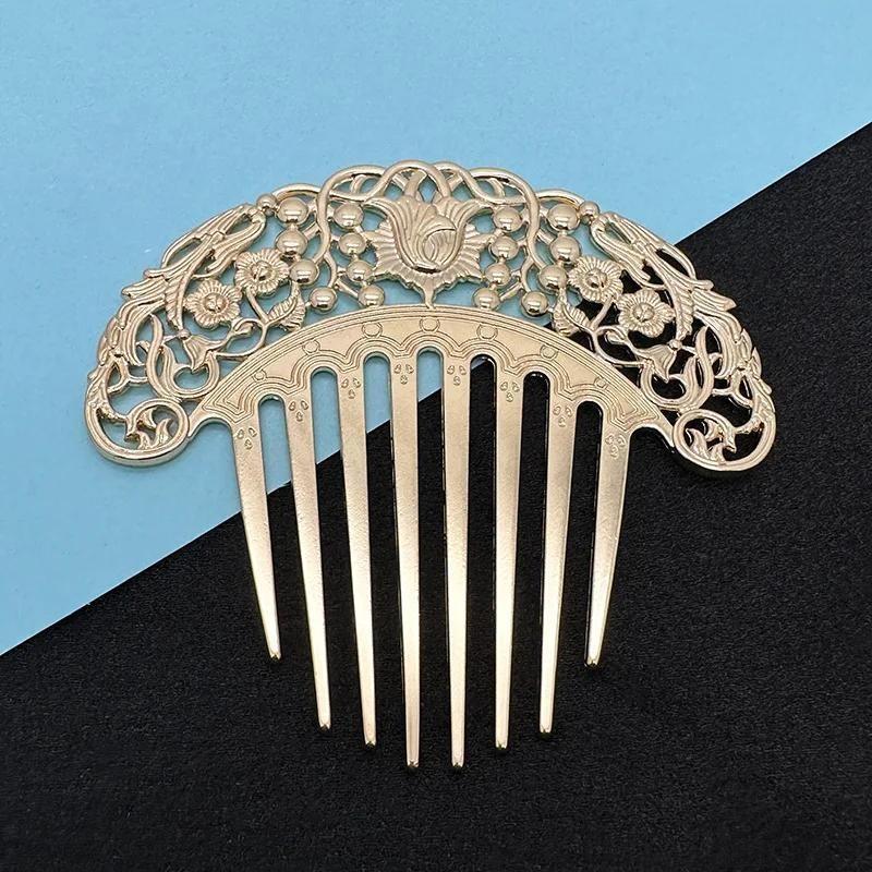 New Chinese Hairpin Retro Hair Comb Hanfu Dish Hairpin Hair Ornament Hollow Carved Comb Gold Ornament Metal Comb