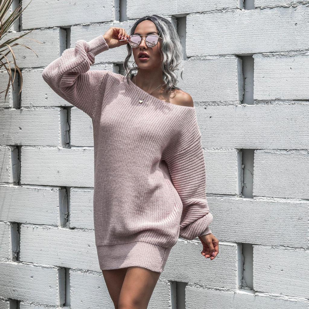 Women's Off-the-Shoulder Lantern Sleeve Knit Sweater Dress - Autumn/Winter Casual European & American Style