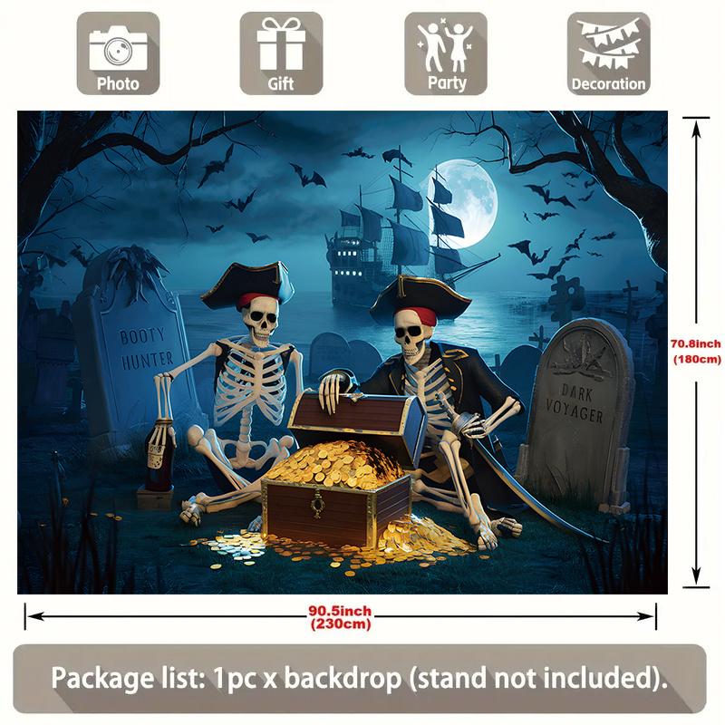 Party Backdrop Halloween Pirate Moon Skeleton Treasure Chest Flat Spooky Night Photo Background Decor Outdoor Party Decor