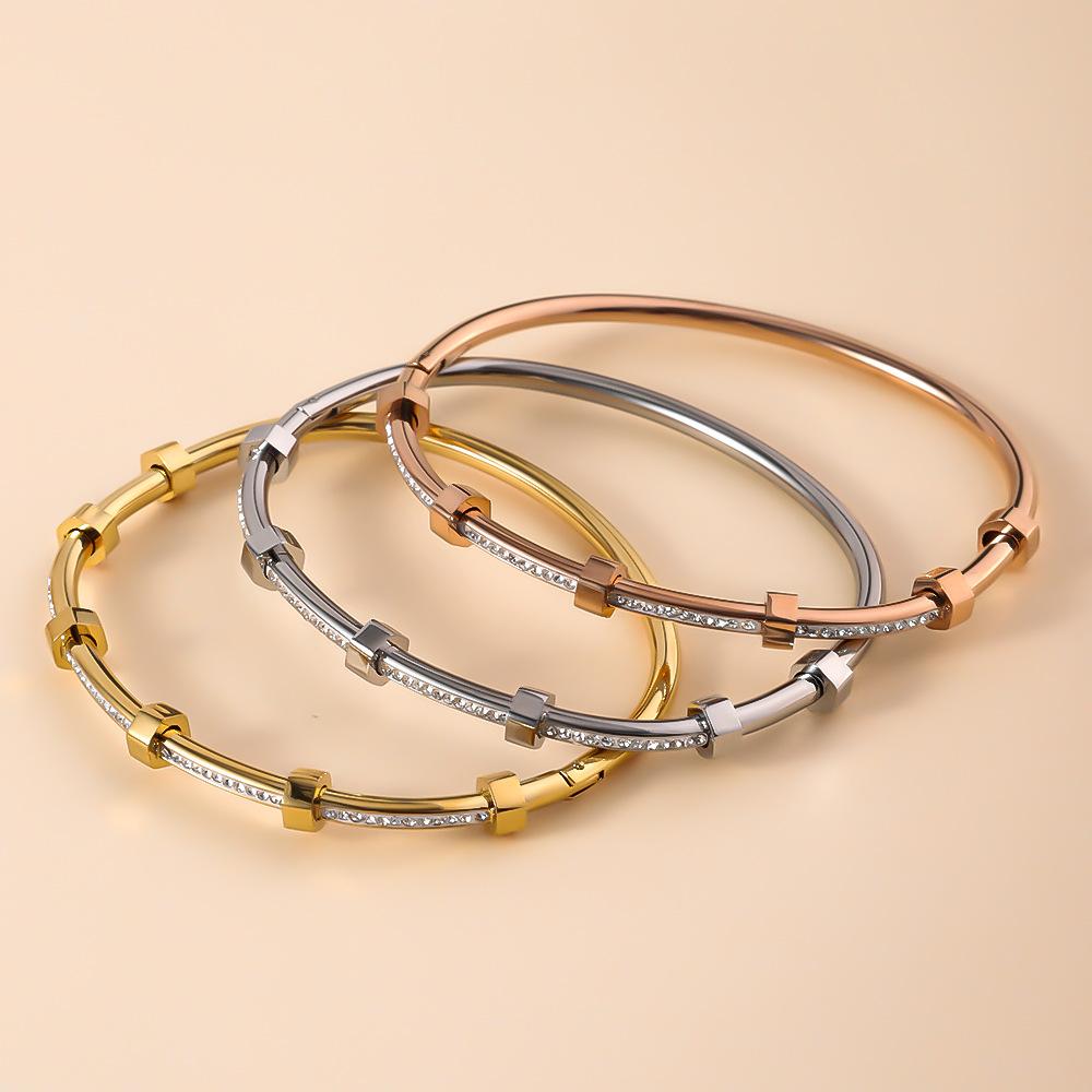 Trendy Round Cubic Zirconia Bangles For Women Men Gold Color copper Color Stainless Steel Crystal Bangle Party Zircon