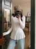 Women's Slim Fit Pleated Long-Sleeve T-Shirt with Ruffled Hem