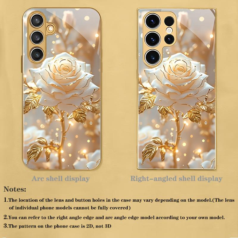 Custodia per telefono in metallo verniciato vetro con design a rosa bianca dorata adatta per Samsung Galaxy S26 S25 S24 S22 S21 S20FE/Ultra/Plus antiurto